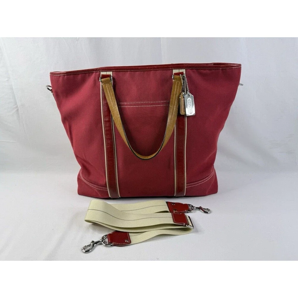 Unisex Vintage Retro Y2K Coach Hamptons Canvas Carryall Travel Tote #70108 Red
